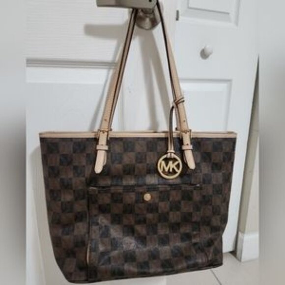 New Large Michael Kors Jet Set Brown & Black Checkered Tote Organizer - Picture 4 of 4